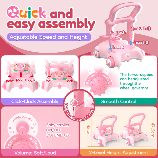 Montessori Baby Push Walker Toy - Sit-to-Stand Learning Walker with Steering Wheel, Lights & Sounds Activity Centre for Toddlers, Early Educational Birthday Gift for Boys & Girls (Pink)